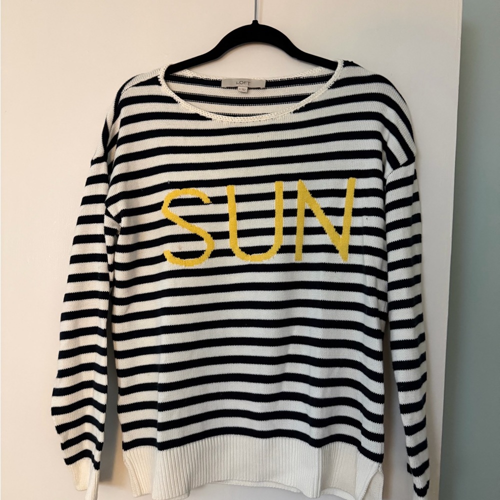 LOFT Black & White Striped Crewneck Sweater with Yellow SUN Graphic